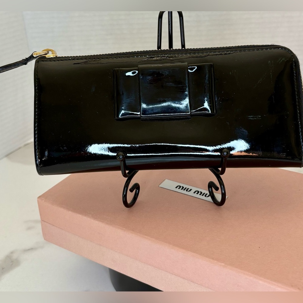 Miu Miu Black Patent Leather Bow, 3/4 Zip Wallet. Box included
